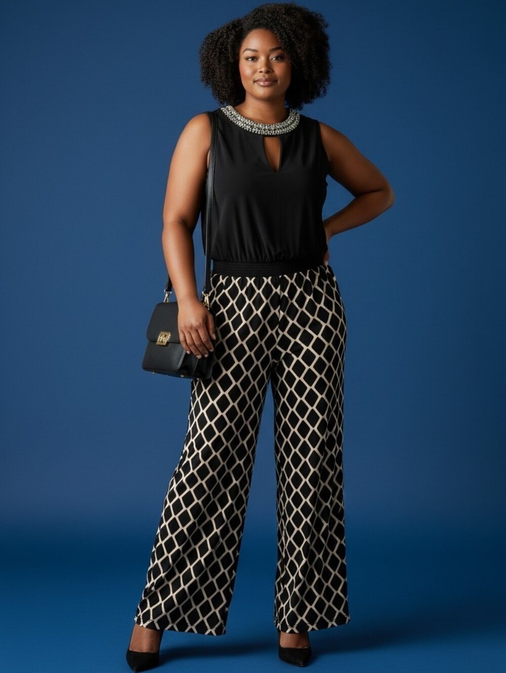 INC International Concepts Black Jumpsuit with Cream Lattice Wide-Leg Pants